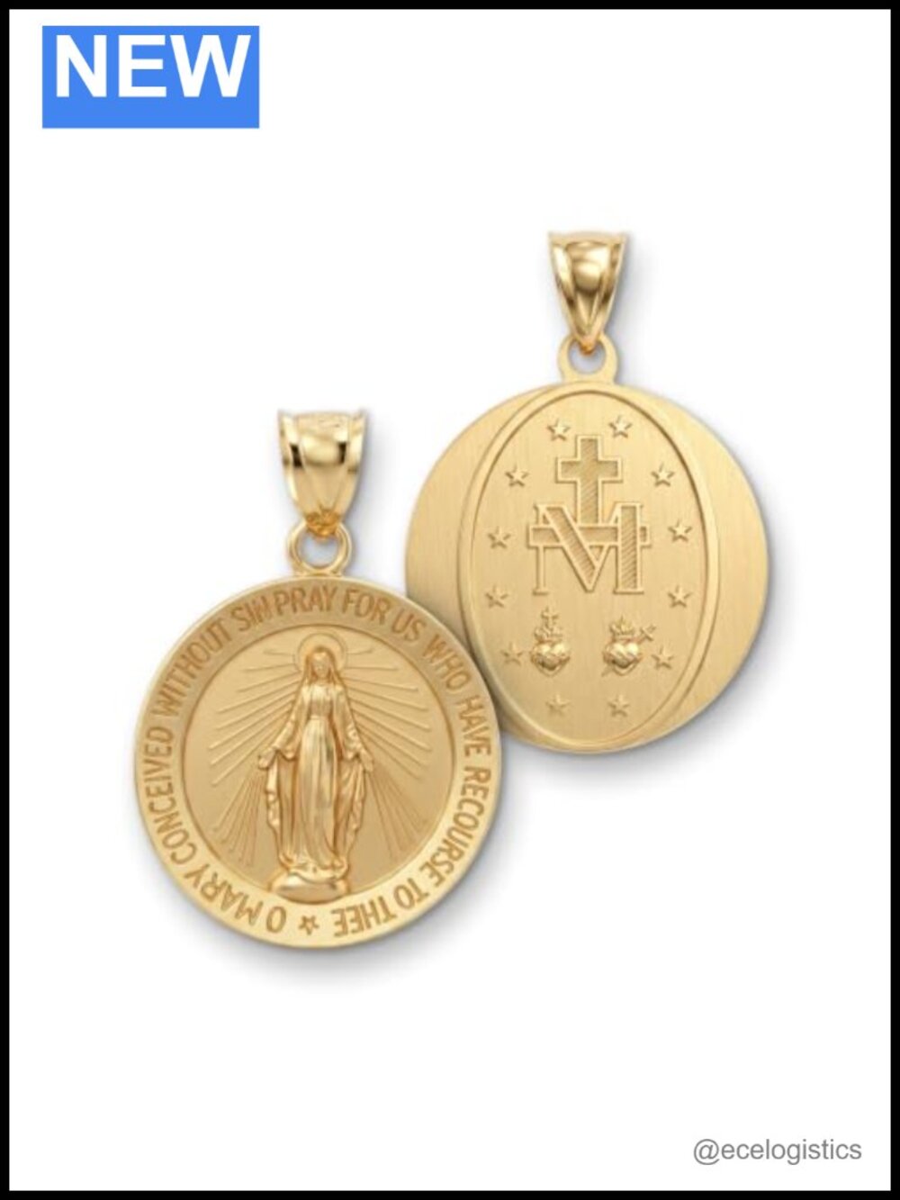 14K Yellow Gold Virgin Mary Medal Pendant Necklace Religious Jewelry 0.75"